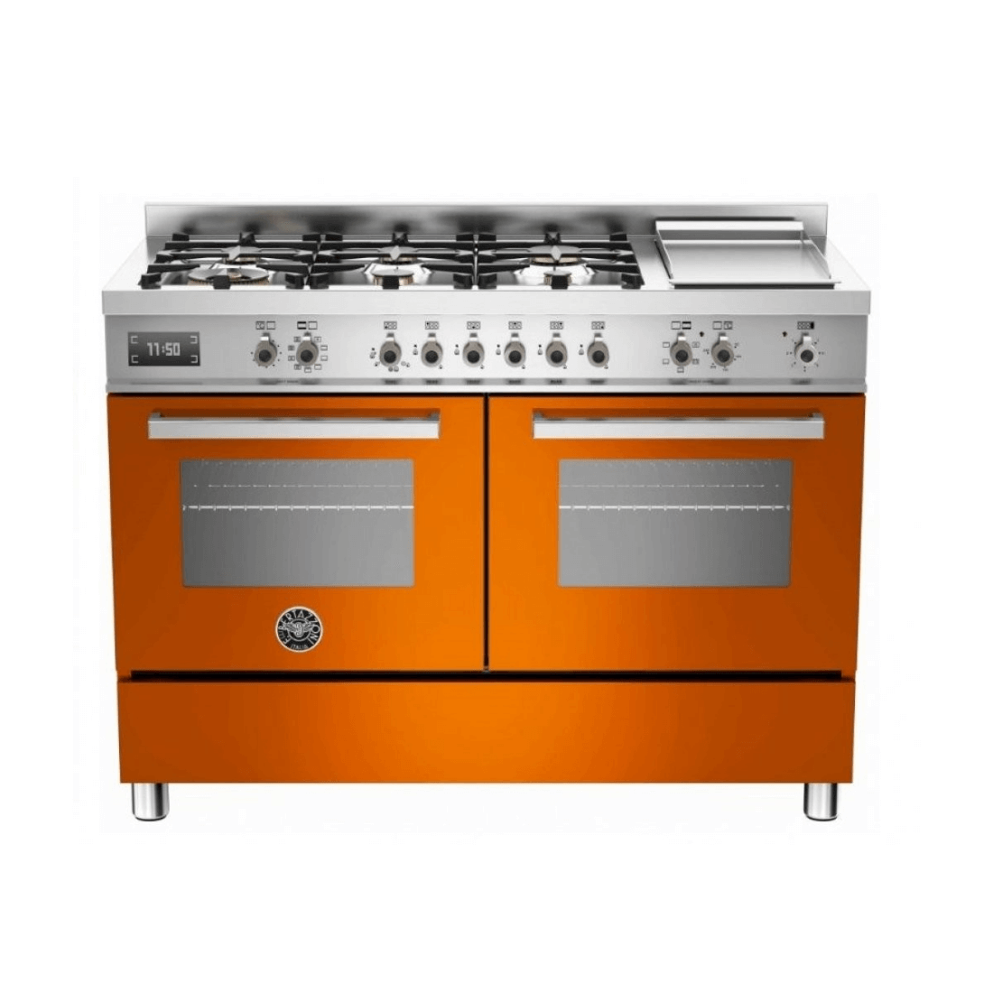 Fogão Bertazzoni Profissional 6 bocas laranja com forno elétrico duplo e acabamento em inox escovado.